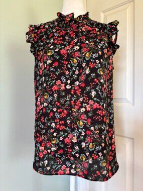 LOFT Black Floral Button Down Sleeveless Top w/Ruffled Cap Sleeves Size Small